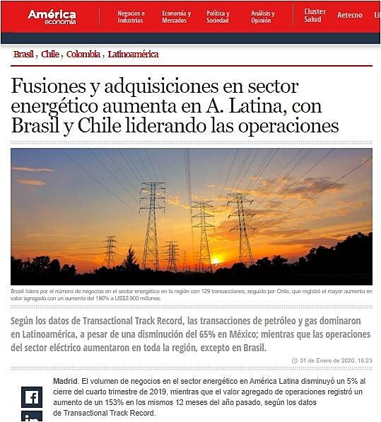 Fusiones y adquisiciones en sector energtico aumenta en A. Latina, con Brasil y Chile liderando las operaciones